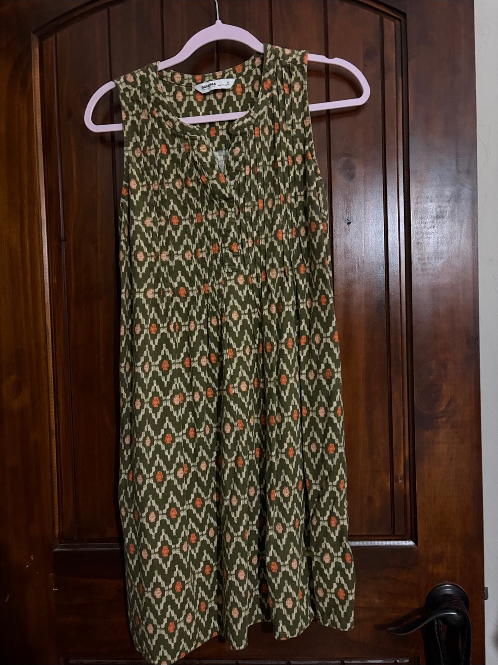 Sonoma Olive Green A-Line Dress with Orange and Cream Pattern
